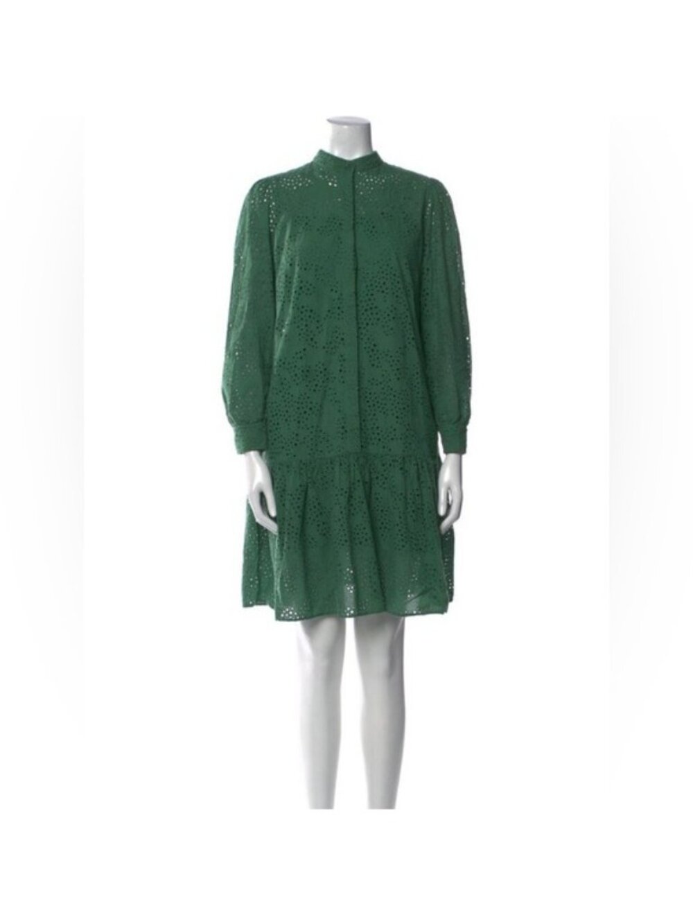 Akris Punto ALTERED Puff-Sleeve Eyelet Embroidered Tiered Shirt Dress 8